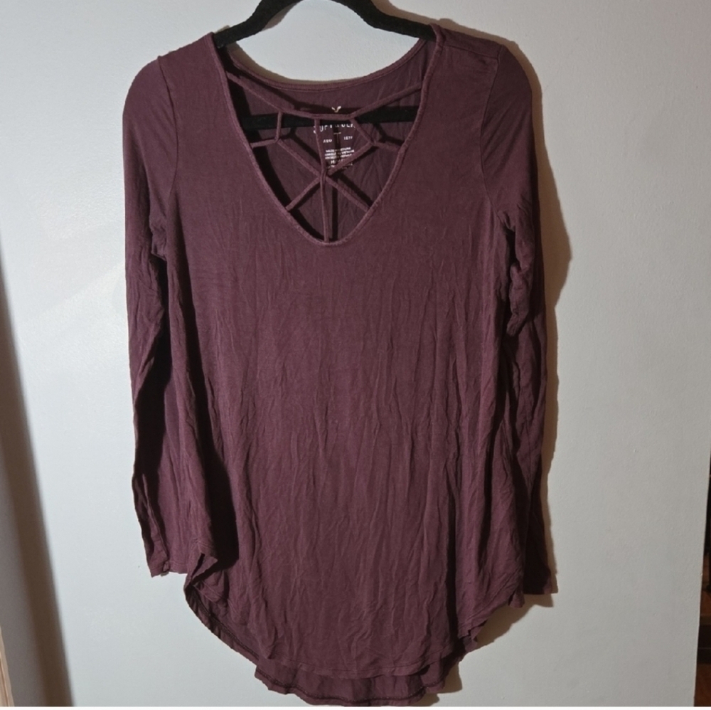 Medium American Eagle V-Neck Long Sleeve Top - Dark Purple Casual Basic Fall
